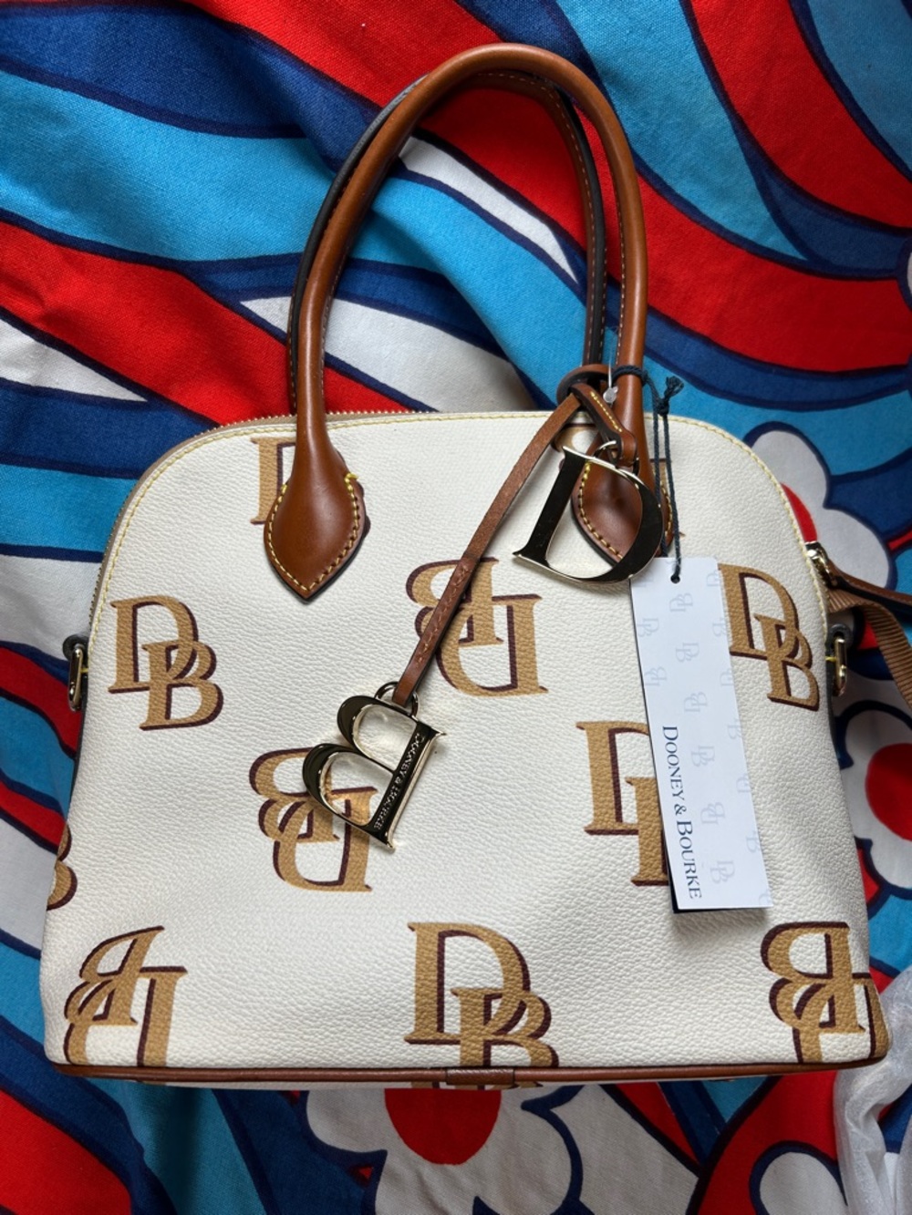 Dooney & Bourke Cream and Brown Logo Dome Satchel with Charm NWT